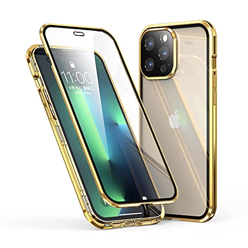 CeeEee Magnetische Hülle für iPhone 13 Pro Max Doppelt Gehärtetes Glasdeckel Glitzer Case Stoßfest Metall Stoßstange mit Kamera-Objektivschutz - Gold von CeeEee