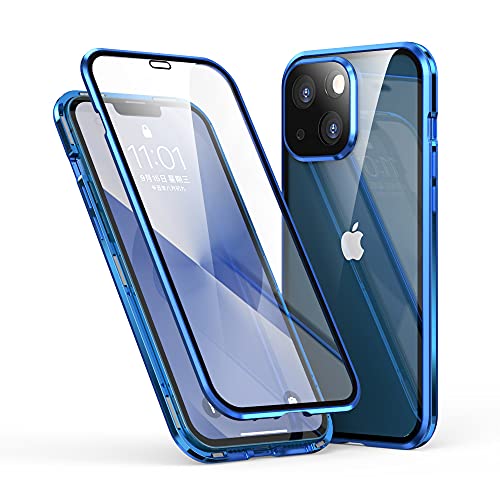 CeeEee Schutzhülle für iPhone 13 Cover 2021 Transparent Gehärtetes Glas Integrierte Magnetische Absorptions 360 Grad Handyhülle mit Metall Stoßstange - Blau von CeeEee