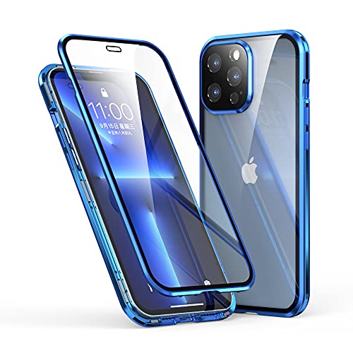CeeEee Schutzhülle für iPhone 13 Pro 2021 Transparent Gehärtetes Glas Cover Integrierte Magnetische Absorptions 360 Grad Handyhülle mit Metall Stoßstange - Blau von CeeEee