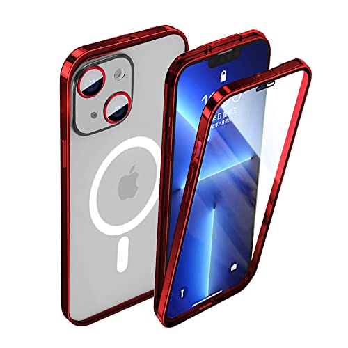 CeeEee iPhone 14 Hülle Magsafe Slim Cover Gehärtetes Glas klar Slim Handyhülle Stoßfänger Metall Bildschirm und Kamera Schutz Case - Rot von CeeEee