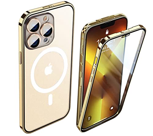iPhone 14 Pro Case Transparent Gehärtetes Glas Slim Schutzhülle original Metall Stoßfänger 360 Grad Bildschirm Schutz Cover mit Sperren Schnalle - Gold von CeeEee