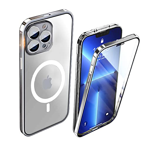 iPhone 14 Pro Max Schutzhülle Transparent Gehärtetes Glas Case Original Metall Stoßfänger 360 Grad Schutz Cover mit Sperren Schnalle - Silber von CeeEee