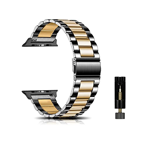 CeiBand Armband Kompatibel mit Apple Watch 38mm/40mm/41mm, Metall Uhrenarmbänder Unisex Edelstahl Uhrband Geeignet Kompatibel mit Apple Watch 42mm/44mm/45mm/49mm - Schwarze/Gold von CeiBand
