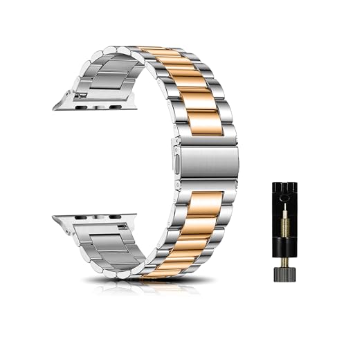 CeiBand Armband Kompatibel mit Apple Watch 38mm/40mm/41mm, Metall Uhrenarmbänder Unisex Edelstahl Uhrband Geeignet Kompatibel mit Apple Watch 42mm/44mm/45mm/49mm - Silber/RoséGold von CeiBand