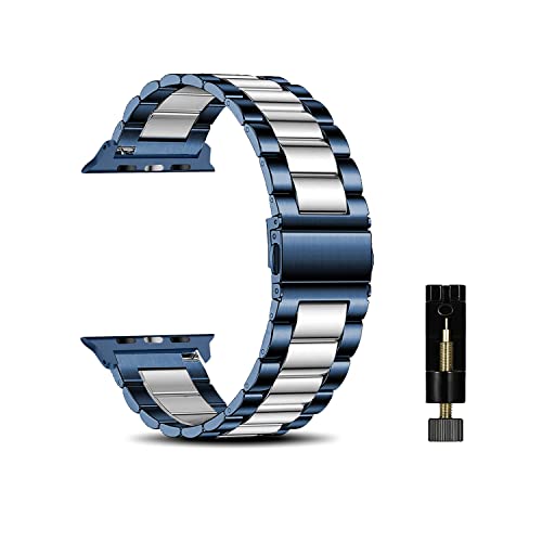 CeiBand Armband Kompatibel mit Apple Watch 44mm/42mm/45mm/49mm, Metall Uhrenarmbänder Unisex Edelstahl Uhrband Geeignet Kompatibel mit Apple Watch 38mm/40mm/41mm - Blau/Silber von CeiBand