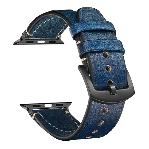CeiBand Leder Armband für Apple Watch 38mm/40mm/41mm, Vintage Leder Ersatz Armband Edelstahl Dornschließe Uhrenarmband für Apple Watch 42mm/44mm/45mm/46mm/49mm (Blau) von CeiBand