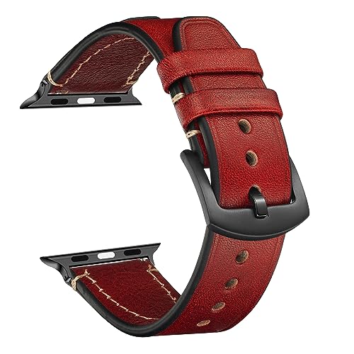 CeiBand Leder Armband für Apple Watch 38mm/40mm/41mm, Vintage Leder Ersatz Armband Edelstahl Dornschließe Uhrenarmband für Apple Watch 42mm/44mm/45mm/46mm/49mm (Rot) von CeiBand