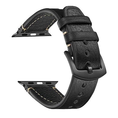 CeiBand Leder Armband für Apple Watch 38mm/40mm/41mm, Vintage Leder Ersatz Armband Edelstahl Dornschließe Uhrenarmband für Apple Watch 42mm/44mm/45mm/49mm (Schwarz) von CeiBand