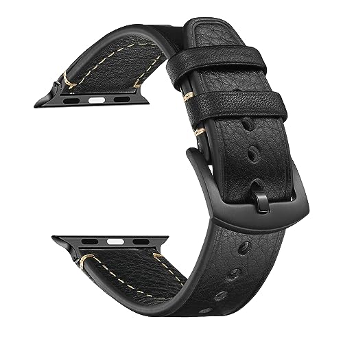 CeiBand Leder Armband für Apple Watch 38mm/40mm/41mm, Vintage Leder Ersatz Armband Edelstahl Dornschließe Uhrenarmband für Apple Watch 42mm/44mm/45mm/46mm/49mm (Schwarz) von CeiBand
