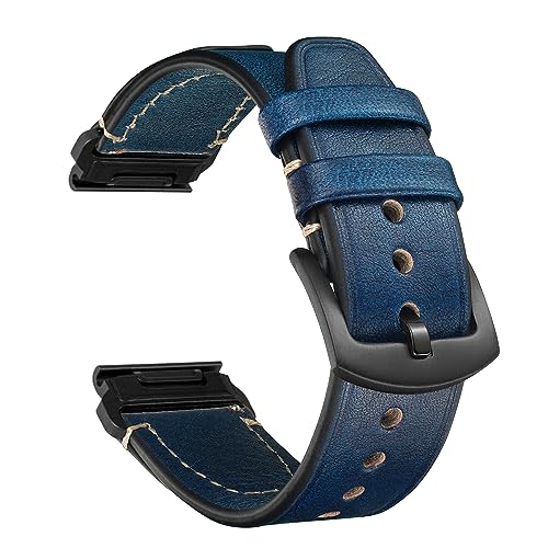 CeiBand Leder Armband für Garmin Quickfit 22mm 26mm, Damen und Herren Weich und Bequem Leder Uhrenarmbände Ersatzarmband für Garmin Quickfit 22mm 26mm (Blau) von CeiBand