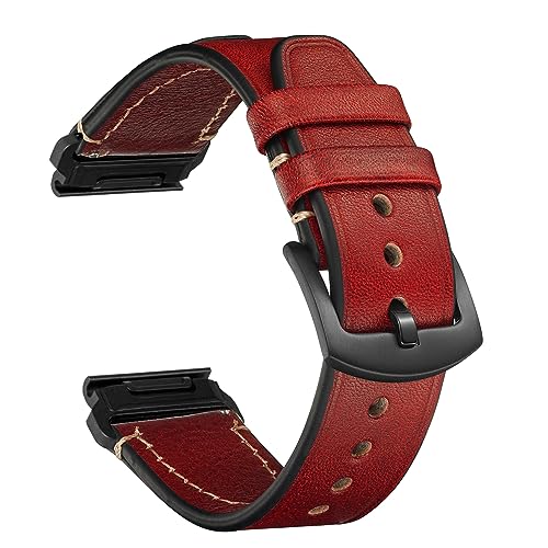 CeiBand Leder Armband für Garmin Quickfit 22mm 26mm, Damen und Herren Weich und Bequem Leder Uhrenarmbände Ersatzarmband für Garmin Quickfit 22mm 26mm (Rot) von CeiBand