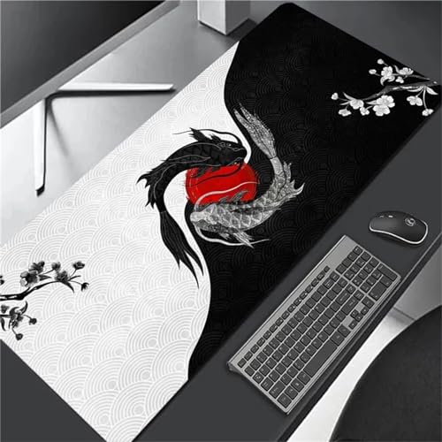 Gaming Mauspad 1000x500x2mm,Schwarz-weißer japanischer Fisch XXL Mousepad,Rutschfest Tischunterlage Large Size Groß,verbessert Präzision und Geschwindigkeit,abwaschbar - für Heimbüro Maus und Tastatur von Cekog