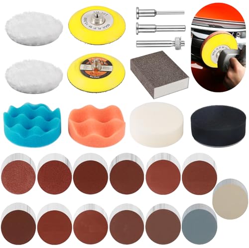 Celepoir 142 Stück Polieraufsatz Akkuschrauber Set, 75mm Schleifscheiben, Polierschwamm & Rund Nassschleifpapier (Körnung 40-5000 Grit), Scheinwerfer Polierset für Metall Holz Glas Auto Polieren von Celepoir