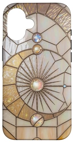 Hülle für iPhone 16 Himmlischer Mond und Sterne, Buntglas-Mosaik, Vintage-Perle von Celestial Moon and Stars Stained Glass Mosaic