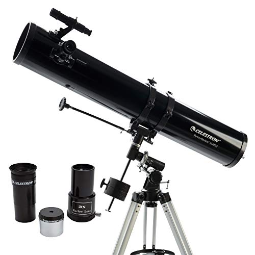 Celestron 21045 PowerSeeker 114EQ Spiegelteleskop - mit Zwei Okularen, Einer Barlow-Linse, höheneinstellbares Stativ und Luxus-Zubehörschale, Schwarz von Celestron
