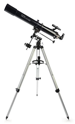 Celestron 21048 PowerSeeker 80EQ Refraktor-Teleskop - mit Zwei Okularen, seitenrichtigem Spiegel, Einer dreifachen Barlow-Linse, höheneinstellbares Stativ und Luxus-Zubehörschale, Schwarz von Celestron