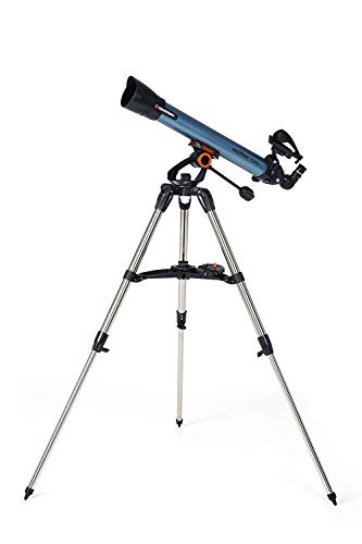 Celestron 22401 Inspire 70AZ Refraktor-Teleskop mit integriertem Smartphone-Adaptor – mit Zwei Okularen, 90° seitenrichtigem Spiegel, höheneinstellbarem Stativ und Zubehörschale, Blau von Celestron