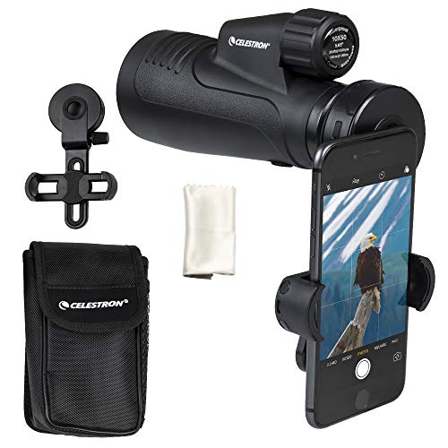 Celestron 72370 Outland X 10x50 wasserdichtes Monokular mit Smartphone-Adapter, Bluetooth-Fernbedienung, Linsenkappen, Gürteltasche – robustes Gehäuse, BaK-4-Prismalinse, vergütete Linsen, schwarz von Celestron