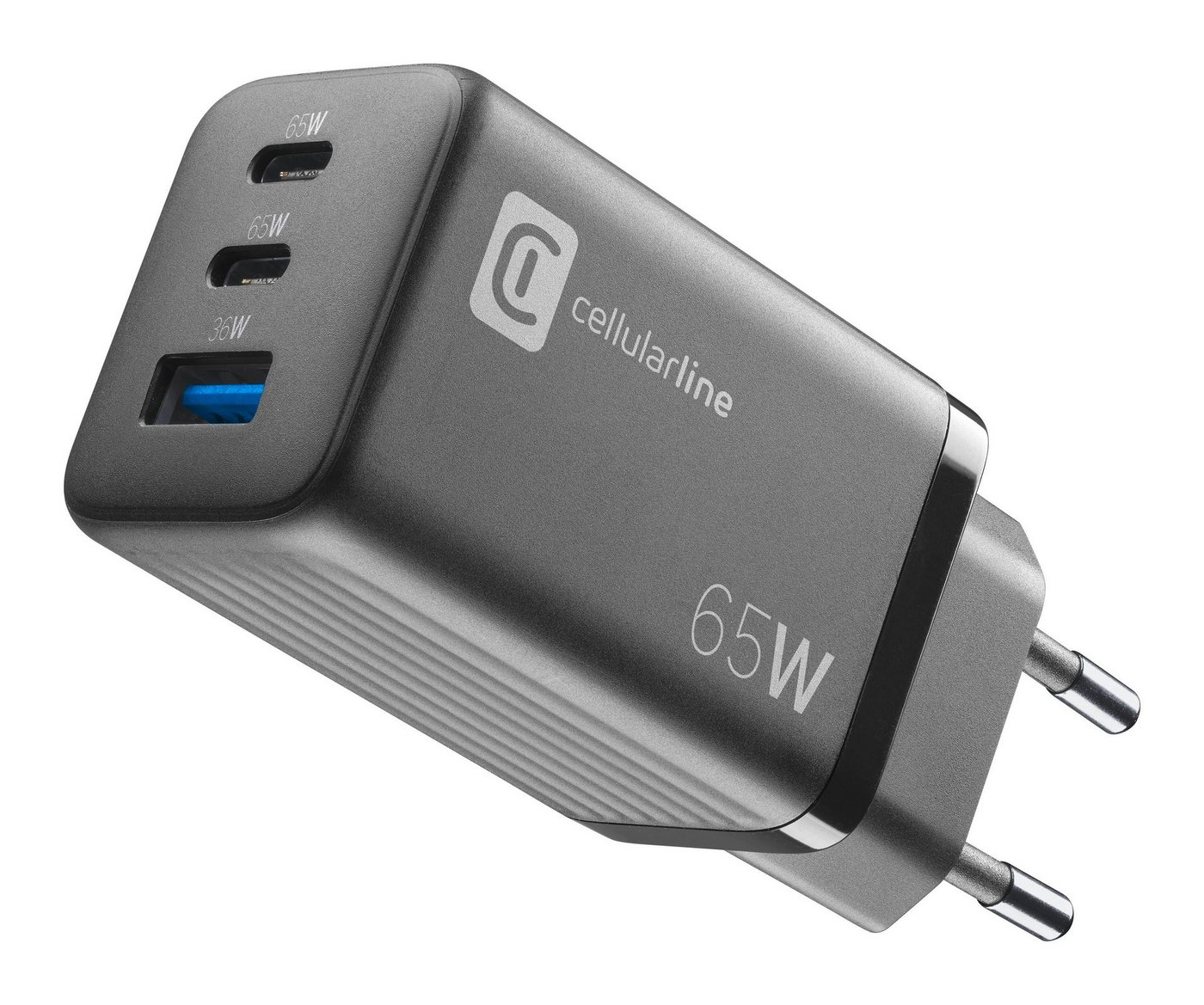 Cellularline Charger Multipower Micro 65W GaN 3 Ports USB-Ladegerät (Ladegerät Lader für Samsung Galaxy, Apple iPhone, Google Pixel) von Cellularline