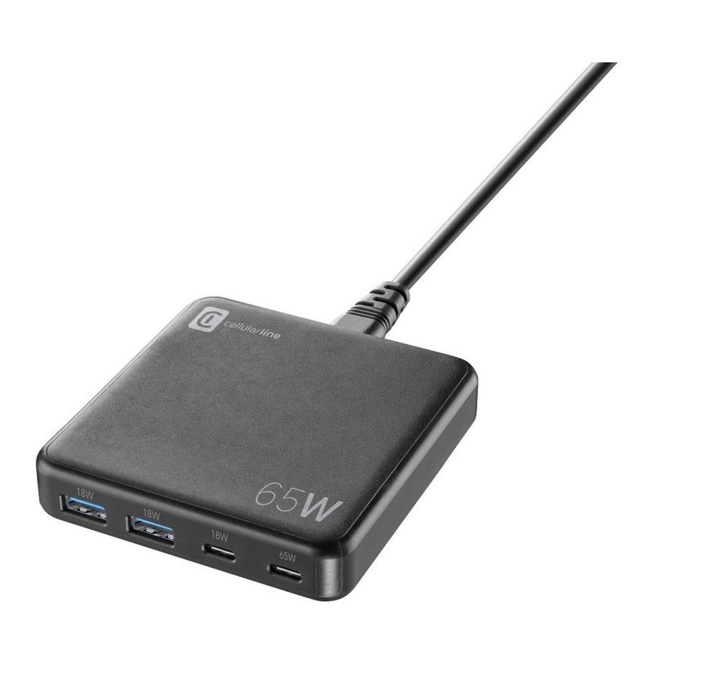 Cellularline Ladegerät Multipower Desk 65 Watt Reiselader 4 Ports GaN Black (60003) Universal-Ladegerät von Cellularline