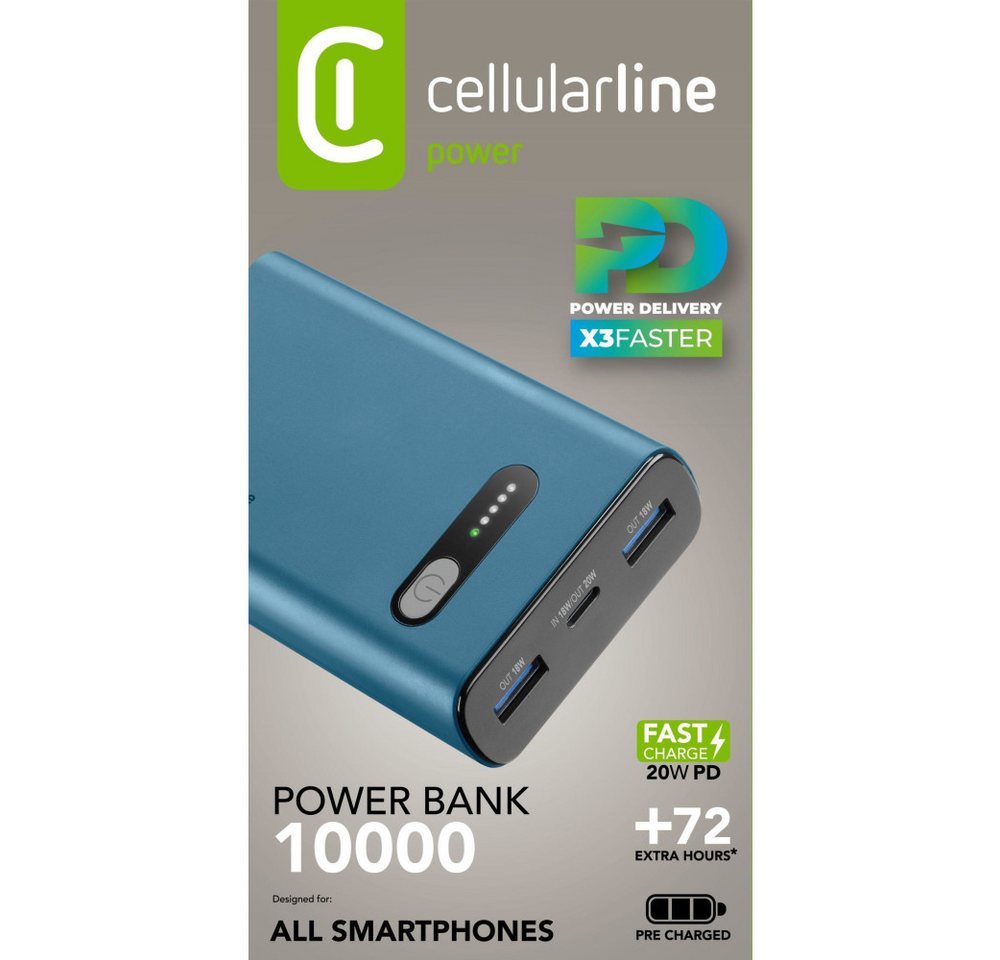 Cellularline Power Bank Fast 10000 PD Blue (60980) Solar Powerbank von Cellularline
