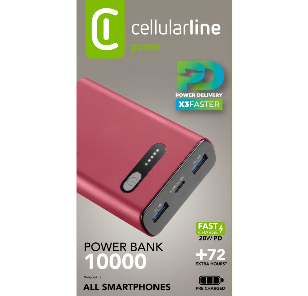 Cellularline Power Bank Fast 10000 PD Red (60981) Solar Powerbank von Cellularline