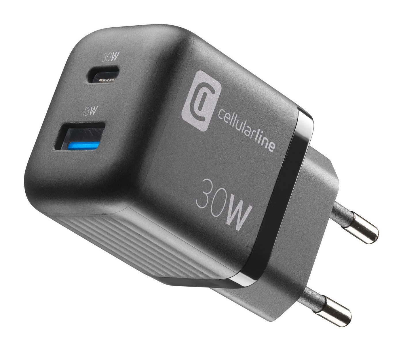 Cellularline USB Charger Multipower Micro 30W GaN 2 Ports PD USB-Ladegerät (Ladegerät Lader für Samsung Galaxy, Apple iPhone, Google Pixel) von Cellularline