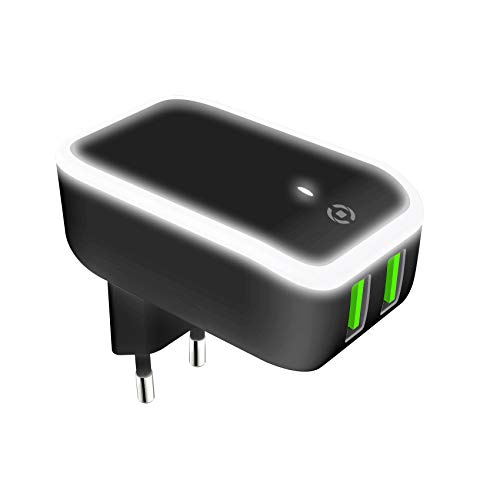 Celly Netzladegerät mit 2 USB-Ports mit LED-Licht, schnelles Aufladen 2,4 A, doppelt, Universal, Schwarz von Celly