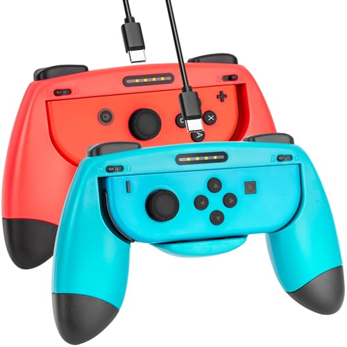 2 Stück Switch Joy Con Grip Kompatibel mit Nintendo Switch/Switch OLED, Komfort Griff Halterung Gaming Controller Gamepad Grips mit Ladefunktion für Switch Joy-Con Controller (Rot und Blau) von Cenawin