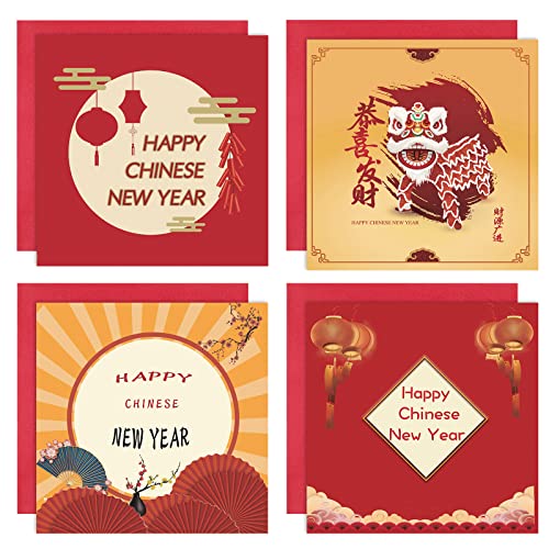 4er Set Quadratische Chinesische Neujahrskarten und Umschläge Set mit Chinesischen Roten Laternen Löwentanz Segen Karten Viel Glück Grüße Feiertag Klapp Grußkarten für Freund Familie 4er Set Quadratische Chinesische Neujahrskarten und Umschläge Set mit Chinesischen Roten Laternen Löwentanz Segen Karten Viel Glück Grüße Feiertag Klapp Grußkarten für Freund Familie von Censen