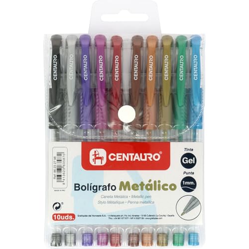 Centauro - 10er-Pack Gelstifte in Metallic-Farben, mittlere Strichstärke, 1 mm, bequemer Gummigriff, perfekt als Schulmaterial zum Schreiben und Zeichnen von Centauro
