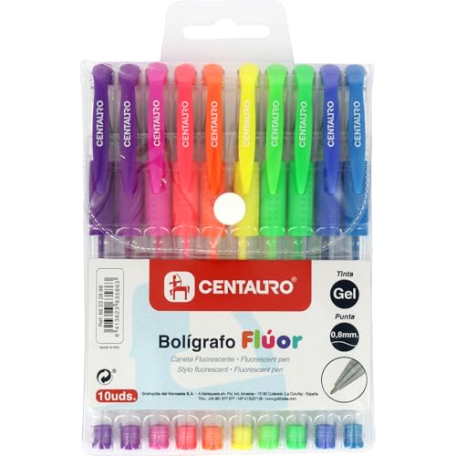 Centauro - Packung mit 10 Gelschreibern in Neonfarben, feine Linie, 0,8 mm, bequemer Gummigriff, perfekt als Schulmaterial zum Schreiben und Zeichnen von Centauro