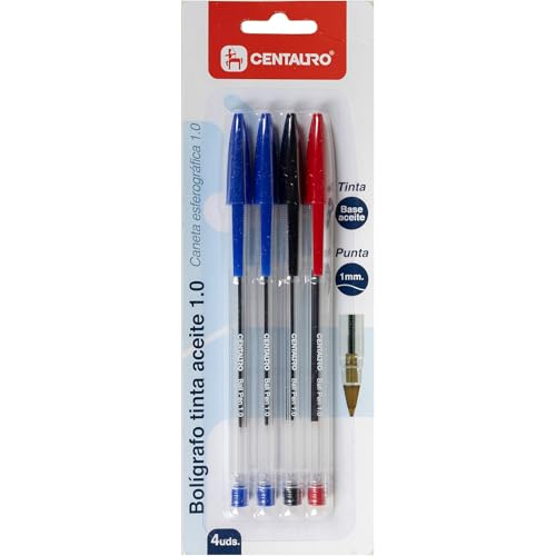 Centauro - Packung mit 4 Kugelschreibern mit blauer, roter und schwarzer Tinte, Ölbasis, 1 mm Spitze, hohe Haltbarkeit, schnell trocknend, perfekt als Schul- und Büromaterial von Centauro