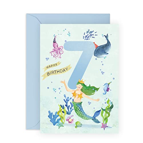CENTRAL 23 Geburtstagskarte für Mädchen 7 – Unterwasser-Meerjungfrau-Thema – Geburtstagskarte für 7 Jahre altes Mädchen – Kindergeburtstagskarten zum siebten Geburtstag – kommt mit lustigen Aufklebern von Central 23