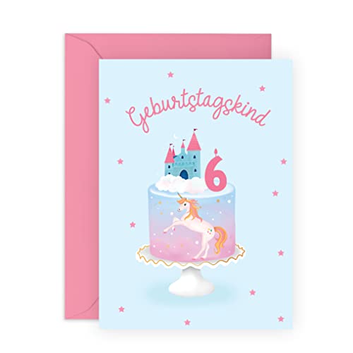 Central 23 Blaue Grußkarte für Kinder – Einhorn-Geburtstagskarte – Geschenk zum 6. Geburtstag – süße Geburtstagskarte für Mädchen – Alter 6 – Pastell – Schloss von Central 23