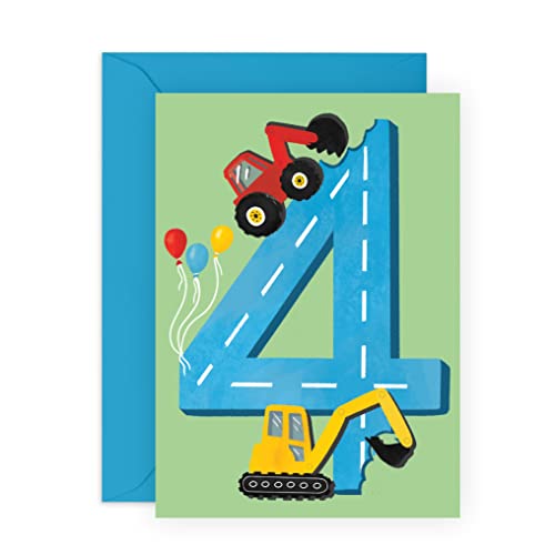Central 23 Geburtstagskarte für Jungen – Happy 4th Birthday – Alter 4 – Vier Jahre alt – Traktoren Grußkarte – lustige Baufahrzeug-Themenkarte für Kinder – Sohn, Enkel – mit Aufklebern von Central 23