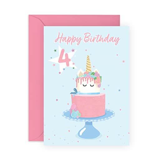Central 23 Geburtstagskarte zum 4. Geburtstag für Mädchen – Einhorn-Kuchen – Meilenstein-Babykarten – 4 Jahre alt – Geschenke für sie vierten Geburtstag – mit lustigen Aufklebern von Central 23