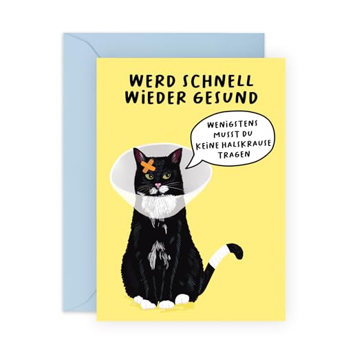 Central 23 Lustige Gute Besserung Karte für Männer und Frauen – WENIGSTENS MUSST DU KEINE HALSKRAUSE TRAGEN – Katzen-Grußkarte – Aufheitern – mit Aufklebern von Central 23