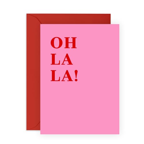 Schicke "Oh La La!"-Grußkarten für Frauen – Geschenke für ihn, sie, Partner, Freundin, Freund, Verlobte, Baby, Liebling, Paare – einfaches hellrosa und rotes Design – mit rotem Umschlag von Central 23