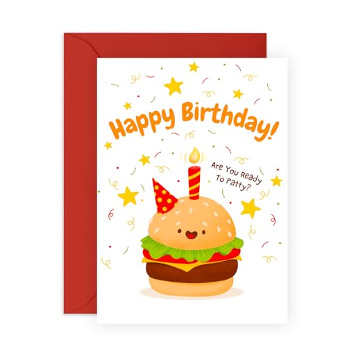 Verspielte Geburtstagskarte – "Are You Ready to Patty?" – Geschenke für Lebensmittelliebhaber, Freunde, Besties, Kollegen, Kumpel, Freunde, Cousin, Nichte, Neffe – Burger mit Partyhut – mit Aufklebern Verspielte Geburtstagskarte – "Are You Ready to Patty?" – Geschenke für Lebensmittelliebhaber, Freunde, Besties, Kollegen, Kumpel, Freunde, Cousin, Nichte, Neffe – Burger mit Partyhut – mit Aufklebern von Central 23