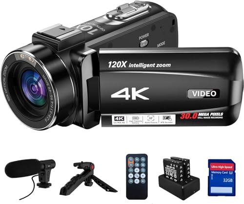 Videokamera 4K Camcorder, 10X Optischer Zoom, 120X Intelligenter Zoom 30MP 24FPS, Autofokus Vlogging Kamera, 3,0-Zoll-IPS Touchscreen Webcam Camera mit Mikrofon, Stativ, Fernbedienung, 32GB SD Karte von Cenzoar