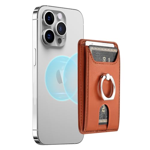 Ceppekyy Magnetisch Wallet mit Handy Ring Ständer für MagSafe Wallet,Handy Kartenhalter mit 4-Kartenhalter,für iPhone 16 15 14 13 12 Pro/Pro Max/Plus,für MagSafe-Hülle,Leder,RFID-Blockierung,Braun von Ceppekyy