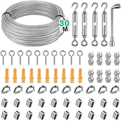 Cerkkapo 30M 3mm Drahtseil, 304 Edelstahl Drahtseil Spanner Spanndraht Kit, M5 Seilspanner Edelstahl, Stahlseil mit Ösen, Seilspanngarnitur, Spannschloss für Zäune, Außenleuchten, Wäscheleine von Cerkkapo