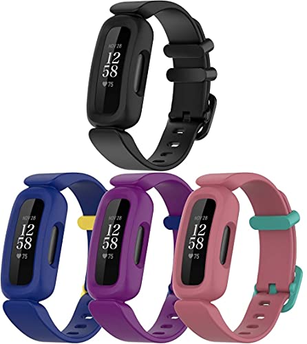 Chainfo Unisex Silikon Uhrenarmbänder kompatibel mit Fitbit Ace3 / Inspire 2, Gebürstete Edelstahl Schwarz Schnalle (4-Pack G) von Chainfo