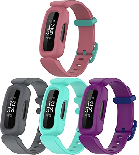Chainfo Unisex Silikon Uhrenarmbänder kompatibel mit Fitbit Ace3 / Inspire 2, Gebürstete Edelstahl Schwarz Schnalle (4-Pack H) von Chainfo