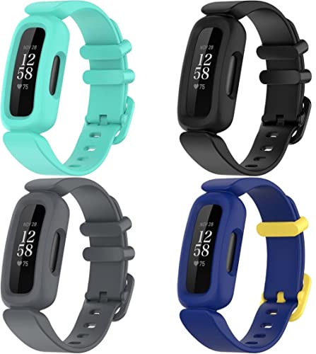 Chainfo Unisex Silikon Uhrenarmbänder kompatibel mit Fitbit Ace3 / Inspire 2, Gebürstete Edelstahl Schwarz Schnalle (4-Pack I) von Chainfo
