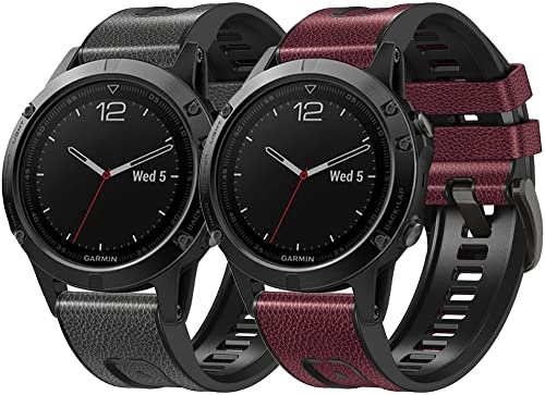 kompatibel mit Garmin Fenix 5 / Fenix 5 Plus/Fenix 6 / Fenix 6 PRO/Quatix 5 Echtes Leder Uhrenarmband Kalbsleder Strap Ersatz (Pattern 7+Pattern 8) von Chainfo