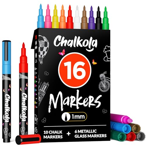 Chalkola 16 Kreidestifte für Tafel Abwaschbar - (16 Stifte 1mm, Kreidestift) | Kreidestifte für Fenster, Tafelkreide & Metallic Glasstifte, Chalk Marker, Kreidemarker Abwischbar, Fensterfarben von Chalkola