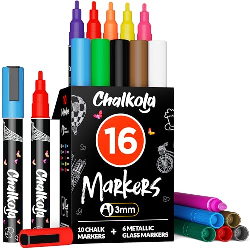 Chalkola 16 Kreidestifte für Tafel Abwaschbar - (16 Stifte 3mm, Kreidestift) | Kreidestifte für Fenster, Tafelkreide & Metallic Glasstifte, Chalk Marker, Kreidemarker Abwischbar, Fensterfarben von Chalkola