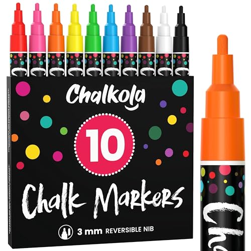 Chalkola Kreidestifte für Tafel Abwaschbar, 10 Kreidestifte Neon 3mm Umkehrbare Spitze - Kreide Stift für Fenster, Tafel, Whiteboard & als Glasstift - Chalk markers für Erwachsene & Kinder von Chalkola